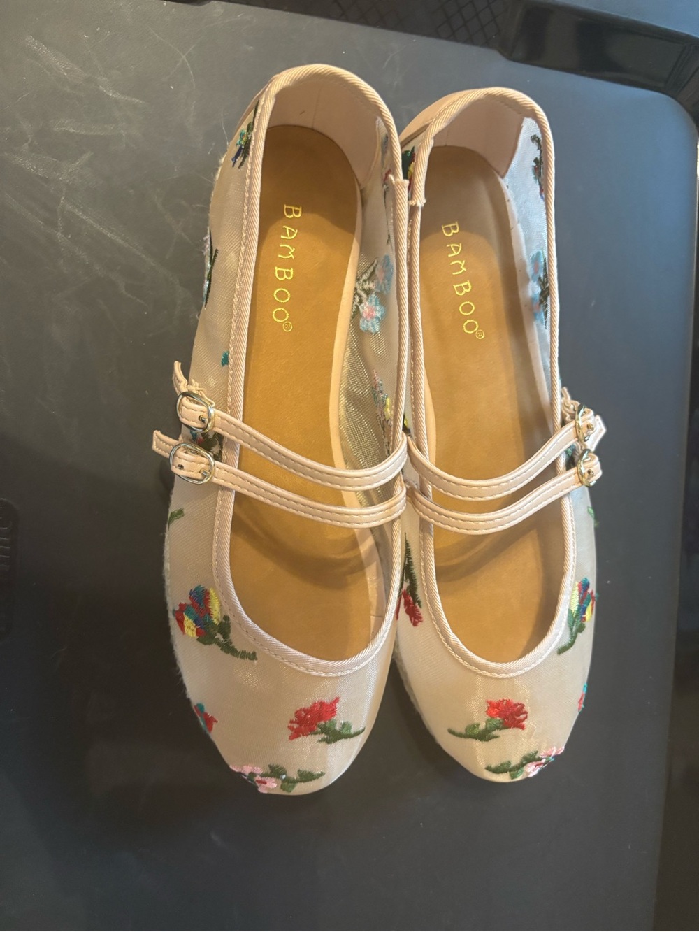 BAMBOO Beige Floral Double-Strap Mary Jane Flats
